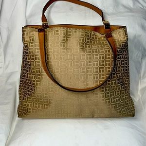 Tommy Hilfiger tote. Light brown and beige Navy and red lining. Gold hardware.